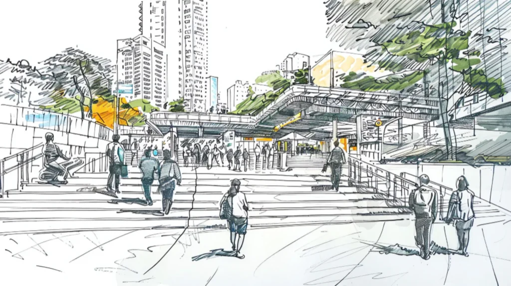 סקיצה צבעונית של תחנה עירונית מרכזית, עם הולכי רגל, רמפות גישה וסביבה בנויה מודרנית