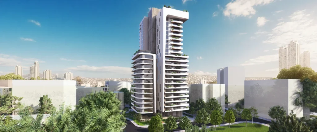 הדמיה של מגדל מגורים מודרני בנתניה, בעל עיצוב אדריכלי ייחודי עם מרפסות פתוחות ונוף עירוני רחב (נפתח בטאב חדש).