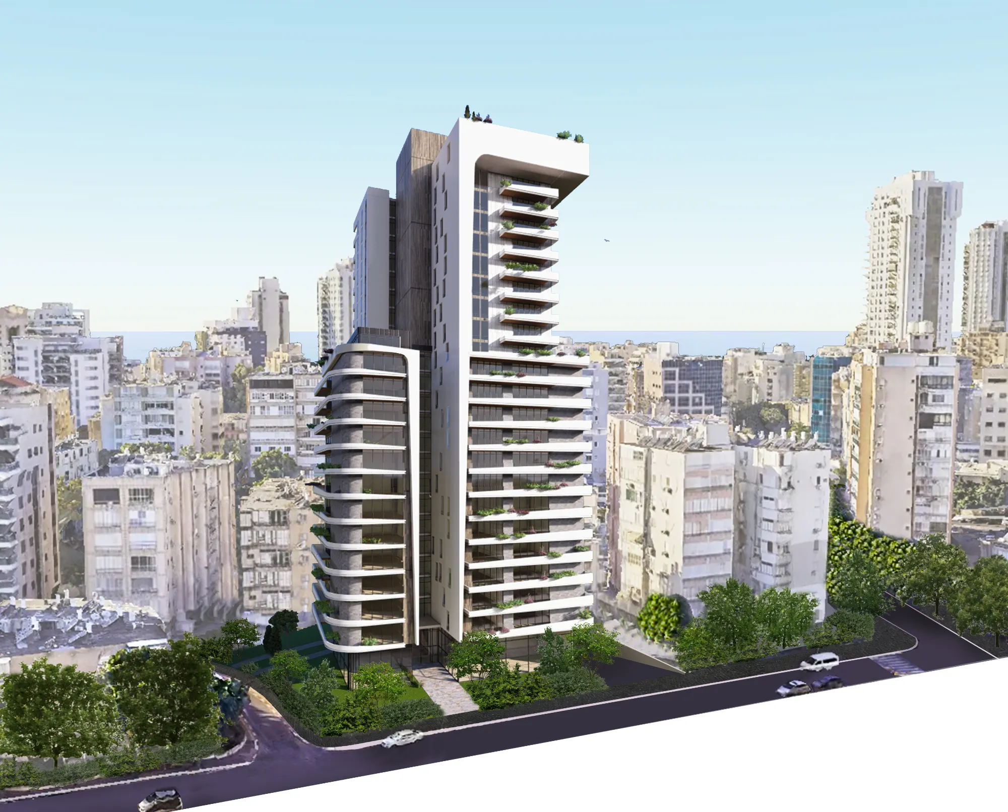 הדמיה של מגדל מגורים בנתניה במבט אווירי, הממוקם בסביבה עירונית בנויה בצפיפות, עם קו חוף ברקע